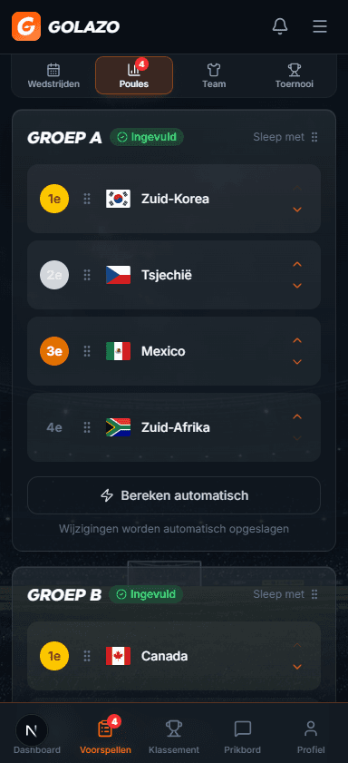 Poule-eindstanden voorspellen op mobiel