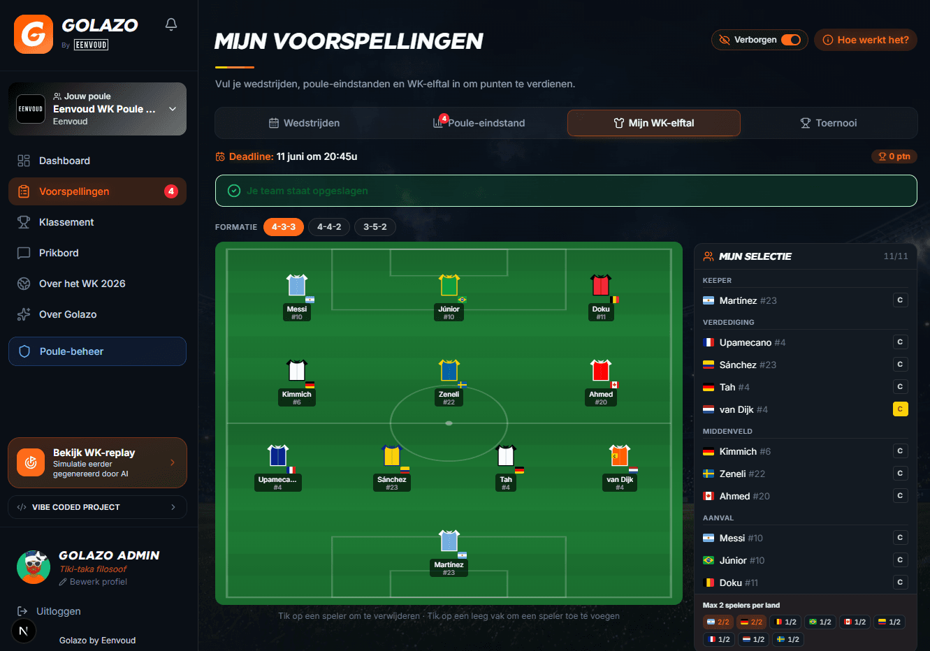Eigen WK-elftal samenstellen met spelers in formatie